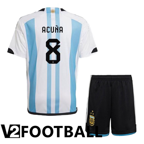 Argentina (ACUÑA 8) 3 Stars Kids Football Shirt Home Blue White 2022/2023