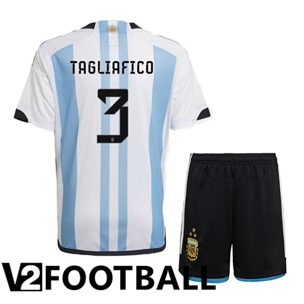 Argentina (TAGLIAFICO 3) 3 Stars Kids Football Shirt Home Blue White 2022/2023