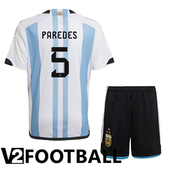 Argentina (PAREDES 5) 3 Stars Kids Football Shirt Home Blue White 2022/2023