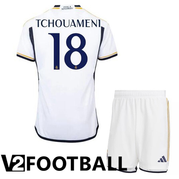 Real Madrid (Tchouameni 18) Kids Football Shirt Home White 2023/2024