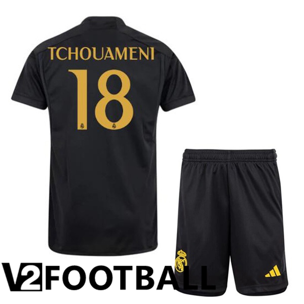 Real Madrid Tchouameni 18 Kids Third Soccer Shirt Black 2023/2024