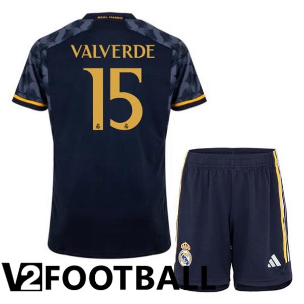 Real Madrid Valverde 15 Kids Away Soccer Shirt Blue Royal 2023/2024