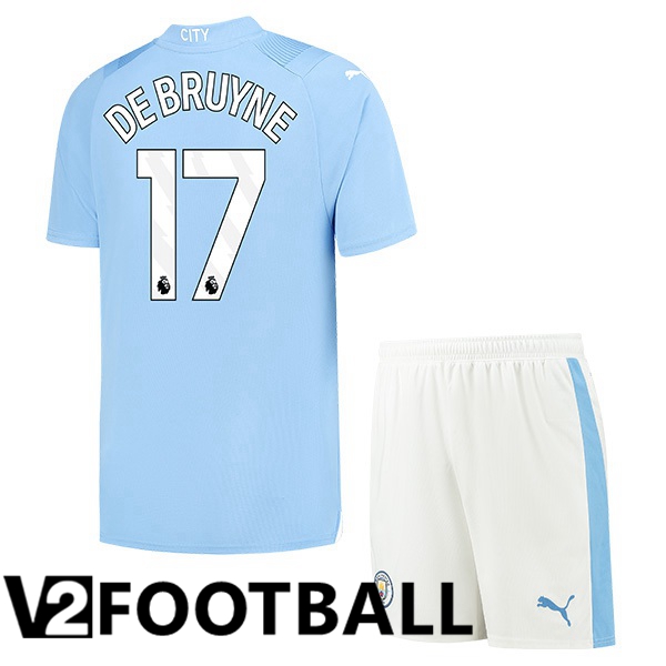 Manchester City Kevin De Bruyne 17 Kids Home Soccer Shirt Blue 2023/2024