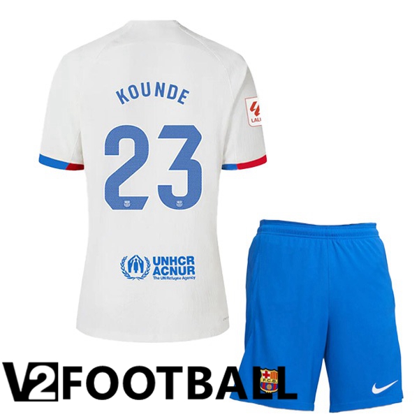 FC Barcelona KOUNDE 23 Kids Away Soccer Shirt White 2023/2024