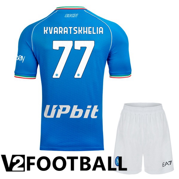SSC Napoli (Khvicha Kvaratskhelia 77) Kids Football Shirt Home Blue 2023/2024
