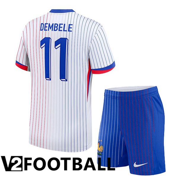France (DEMBELE 11) Kids Away Soccer Shirt White UEFA Euro 2024