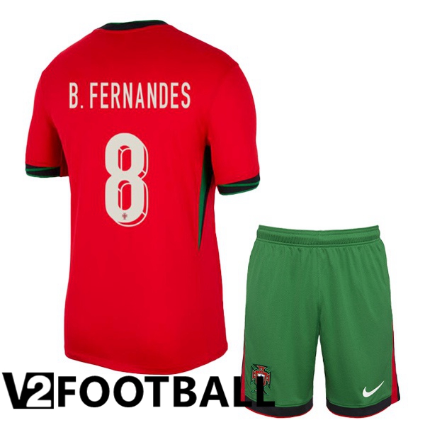 Portugal (B. FERNANDES 8) Kids Home Soccer Shirt Red UEFA Euro 2024