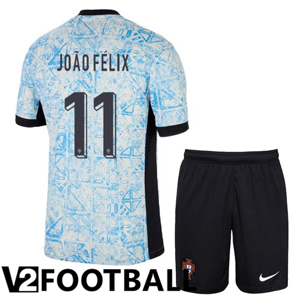 Portugal (JOÃO FÉLIX 11) Kids Away Soccer Shirt Blue White UEFA Euro 2024