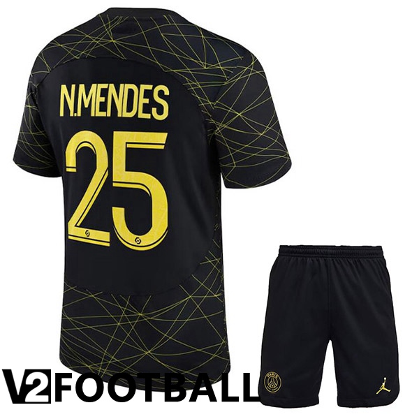 Paris PSG (N.MENDES 25) Kids Soccer Jersey Fourth Black 2022/2023