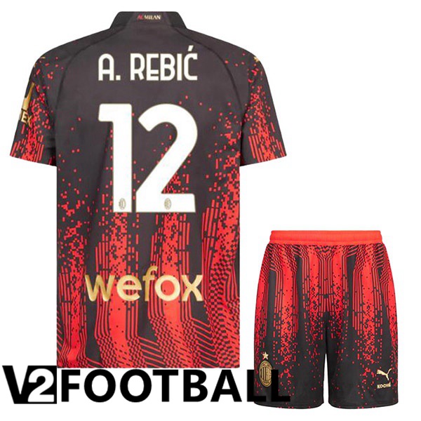 AC Milan (A. REBIĆ 12) Kids Soccer Jersey Fourth Red Black 2022/2023