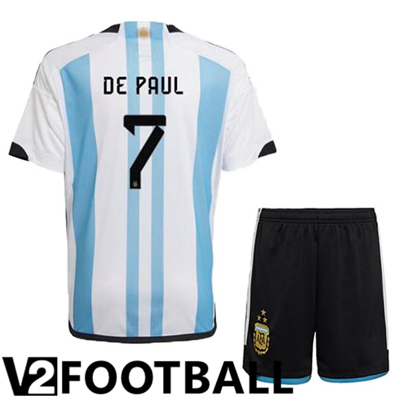 Argentina (DE PAUL 7) 3 Stars Kids Football Shirt Home Blue White 2022/2023