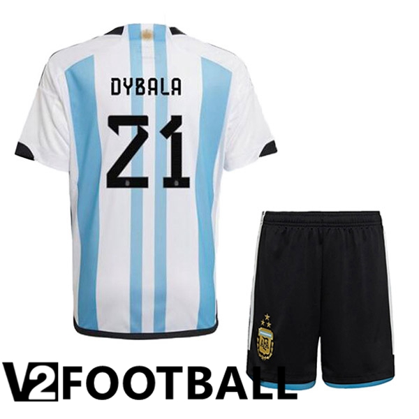 Argentina (DYBALA 21) 3 Stars Kids Football Shirt Home Blue White 2022/2023