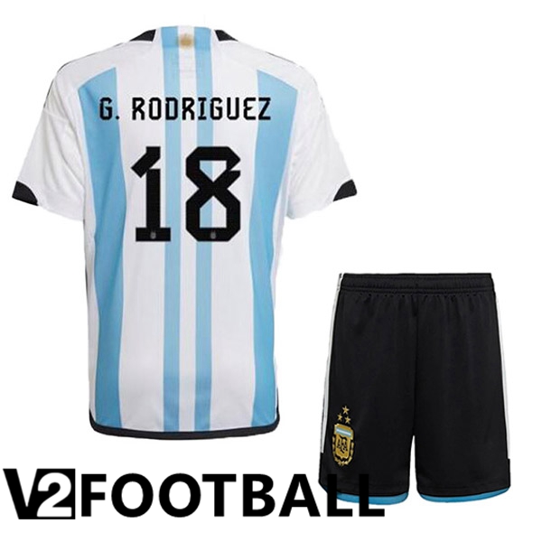 Argentina (G. RODRIGUEZ 18) 3 Stars Kids Football Shirt Home Blue White 2022/2023