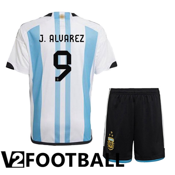 Argentina (J. ALVAREZ 9) 3 Stars Kids Football Shirt Home Blue White 2022/2023