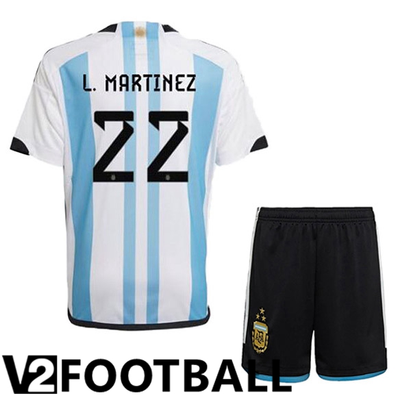 Argentina (L. MARTINEZ 22) 3 Stars Kids Football Shirt Home Blue White 2022/2023