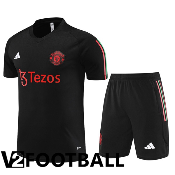 Manchester United Training T Shirt + Shorts Black 2023/2024