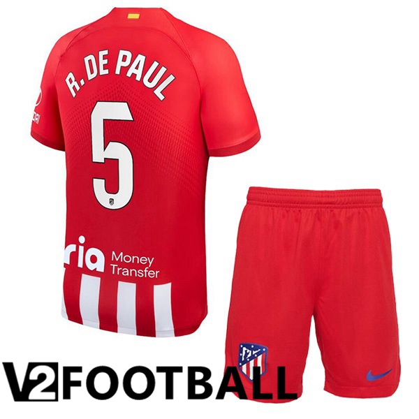 Atletico Madrid (R. De Paul 5) Kids Football Shirt Home Red 2023/2024