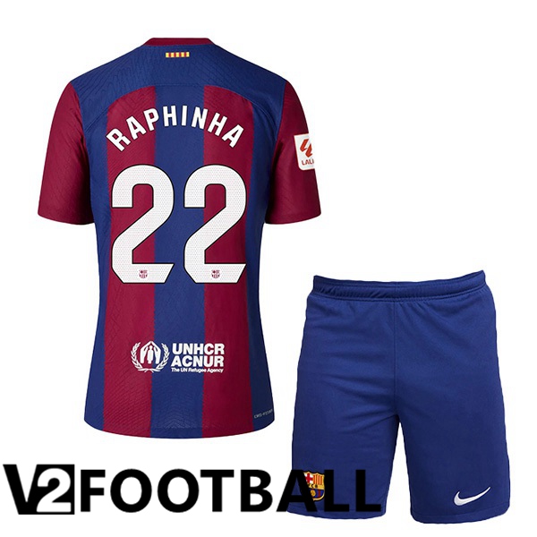 FC Barcelona (RAPHINHA 22) Kids Football Shirt Home Blue Red 2023/2024