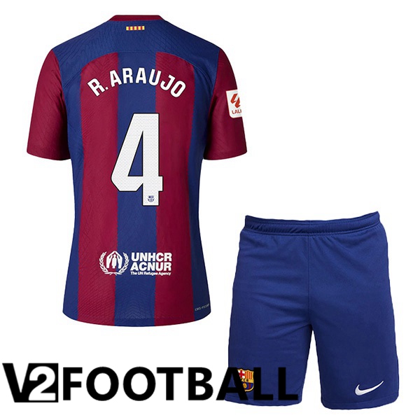 FC Barcelona (R. ARAUJO 4) Kids Football Shirt Home Blue Red 2023/2024
