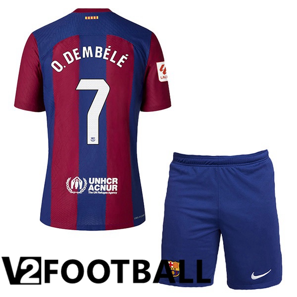 FC Barcelona (O. DEMBÉLÉ 7) Kids Football Shirt Home Blue Red 2023/2024