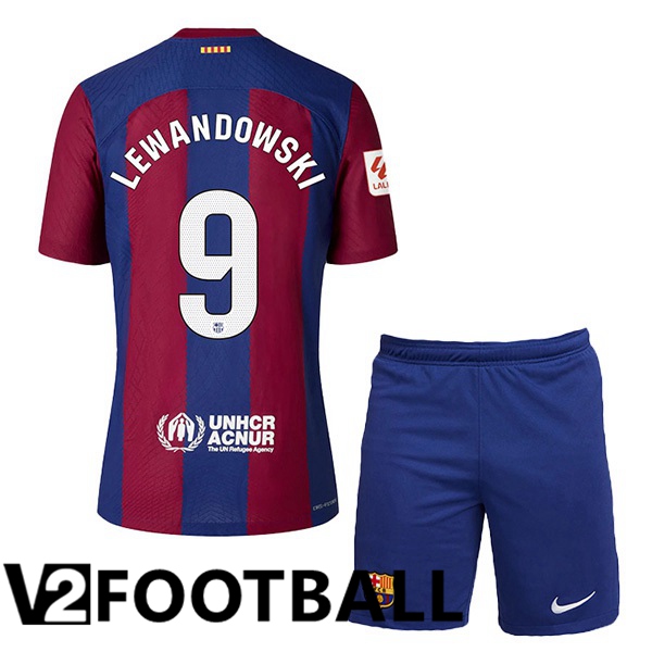 FC Barcelona (LEWANDOWSKI 9) Kids Football Shirt Home Blue Red 2023/2024