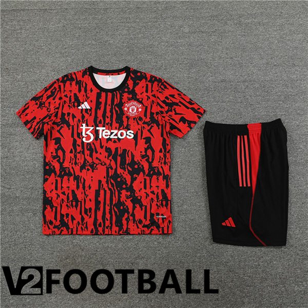 Manchester United Training T Shirt + Shorts Black Red 2023/2024