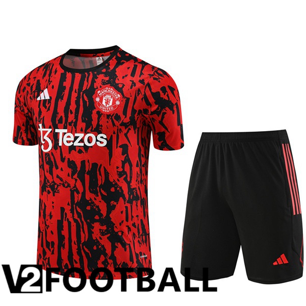 Manchester United Training T Shirt + Shorts Black Red 2023/2024