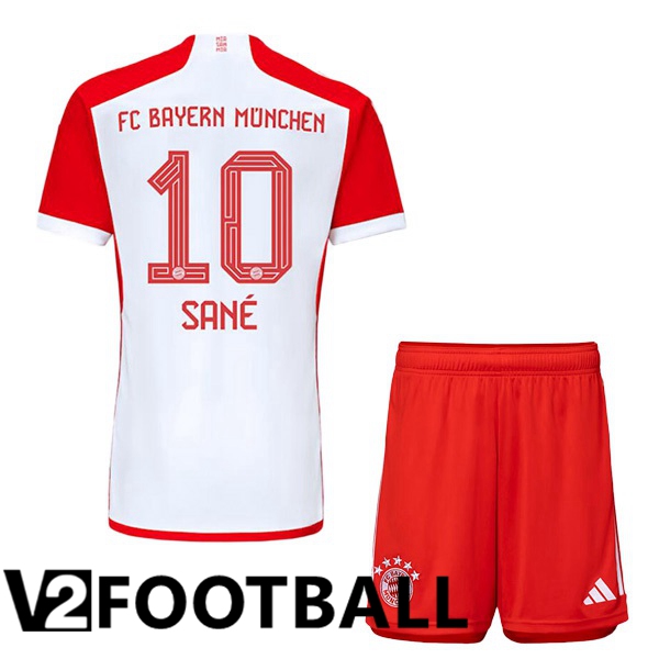 Bayern Munich Sané 10 Kids Home Soccer Shirt White Red 2023/2024