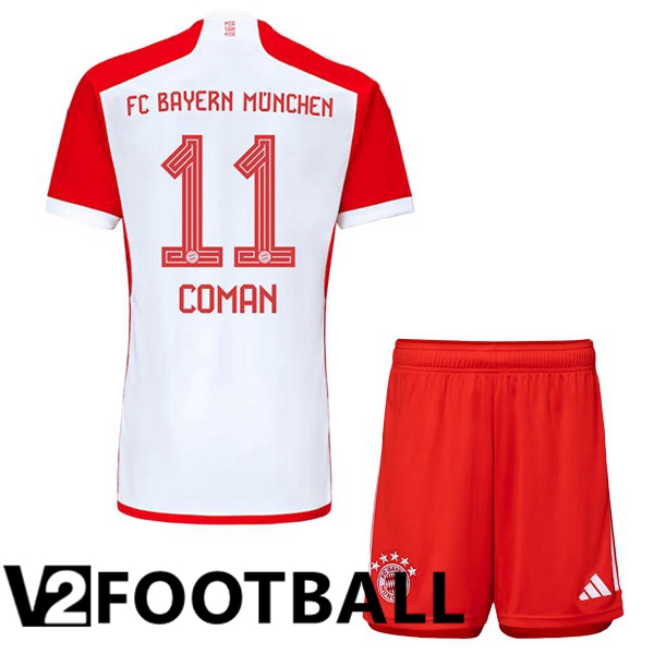 Bayern Munich Coman 11 Kids Home Soccer Shirt White Red 2023/2024