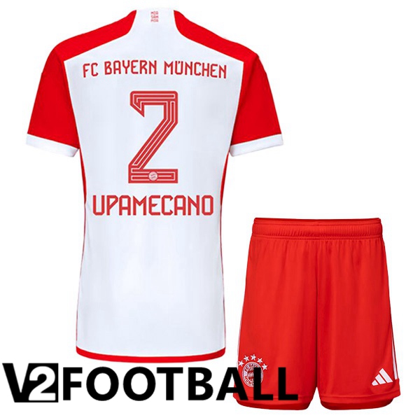 Bayern Munich Upamecano 2 Kids Home Soccer Shirt White Red 2023/2024