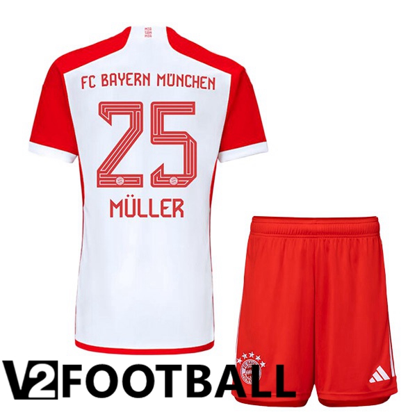 Bayern Munich Müller 25 Kids Home Soccer Shirt White Red 2023/2024