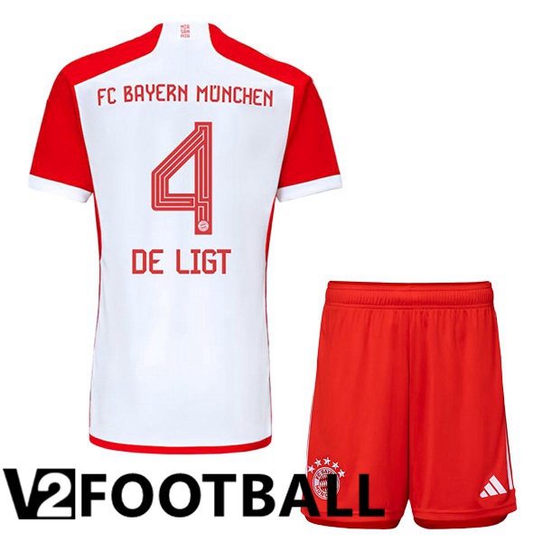 Bayern Munich de Ligt 4 Kids Home Soccer Shirt White Red 2023/2024