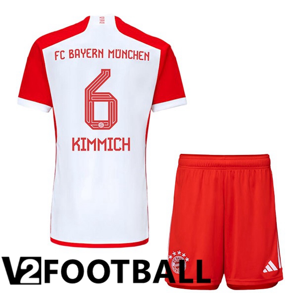 Bayern Munich Kimmich 6 Kids Home Soccer Shirt White Red 2023/2024