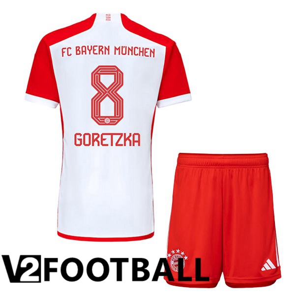 Bayern Munich Goretzka 8 Kids Home Soccer Shirt White Red 2023/2024