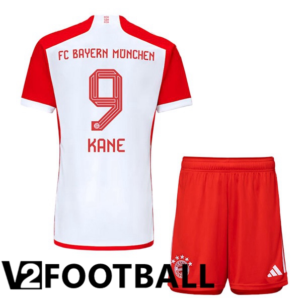 Bayern Munich Kane 9 Kids Home Soccer Shirt White Red 2023/2024