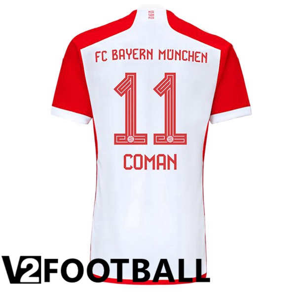 Bayern Munich Coman 11 Home Soccer Shirt White Red 2023/2024