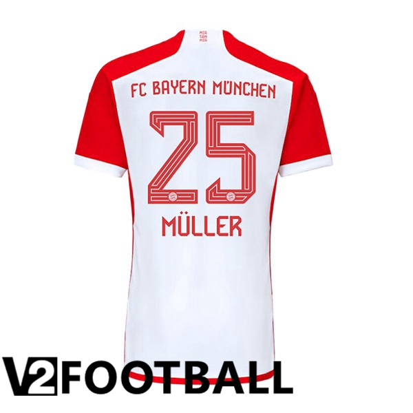 Bayern Munich Müller 25 Home Soccer Shirt White Red 2023/2024