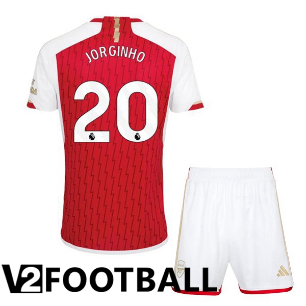 Arsenal JORGINHO 20 Kids Home Soccer Shirt Red White 2023/2024