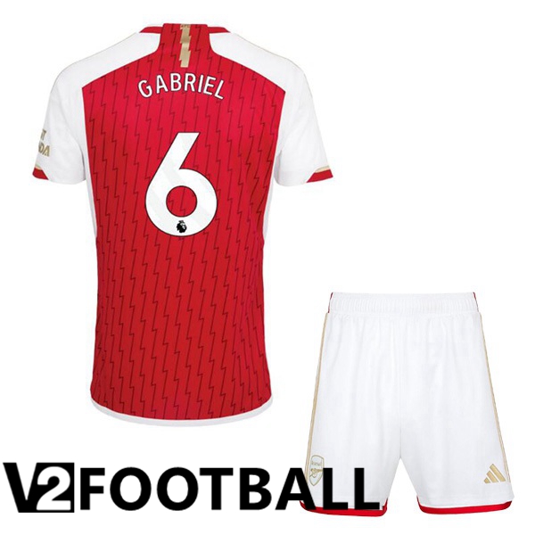 Arsenal GABRIEL 6 Kids Home Soccer Shirt Red White 2023/2024