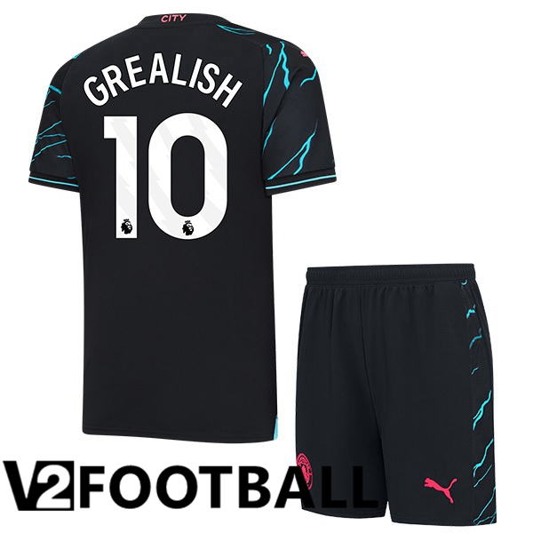 Manchester City Jack Grealish 10 Kids Third Soccer Shirt Blue Black 2023/2024