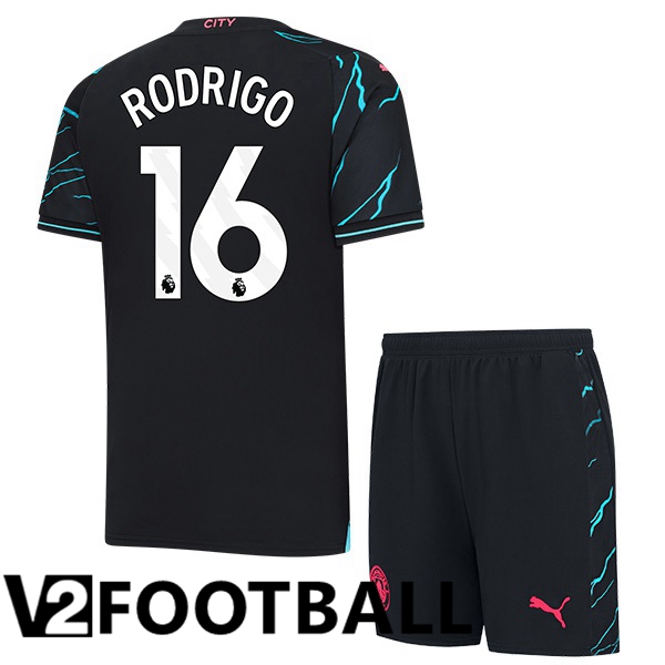 Manchester City Rodrigo 16 Kids Third Soccer Shirt Blue Black 2023/2024