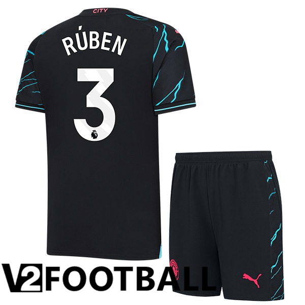 Manchester City Ruben Dias 3 Kids Third Soccer Shirt Blue Black 2023/2024
