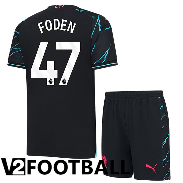 Manchester City Phil Foden 47 Kids Third Soccer Shirt Blue Black 2023/2024