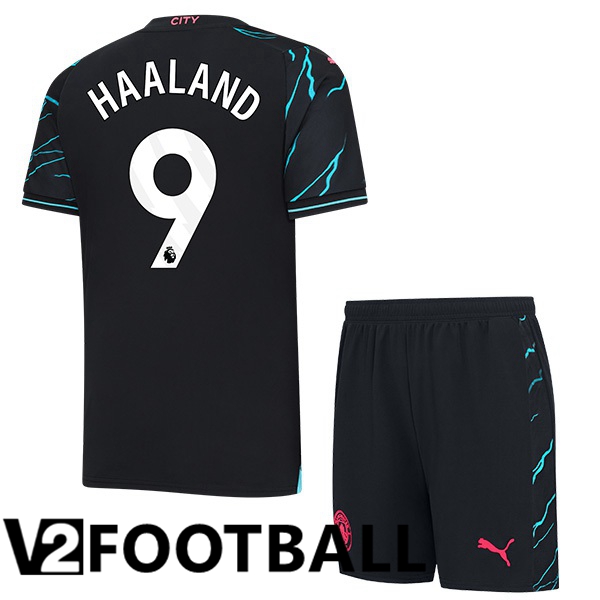 Manchester City Erling Haaland 9 Kids Third Soccer Shirt Blue Black 2023/2024
