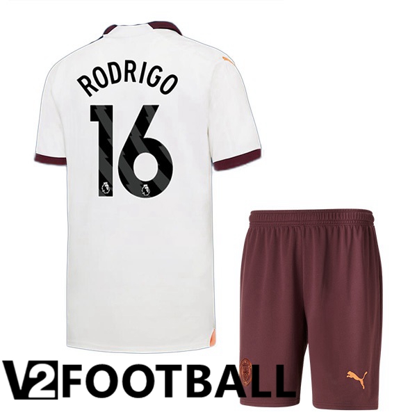 Manchester City Rodrigo 16 Kids Away Soccer Shirt White 2023/2024