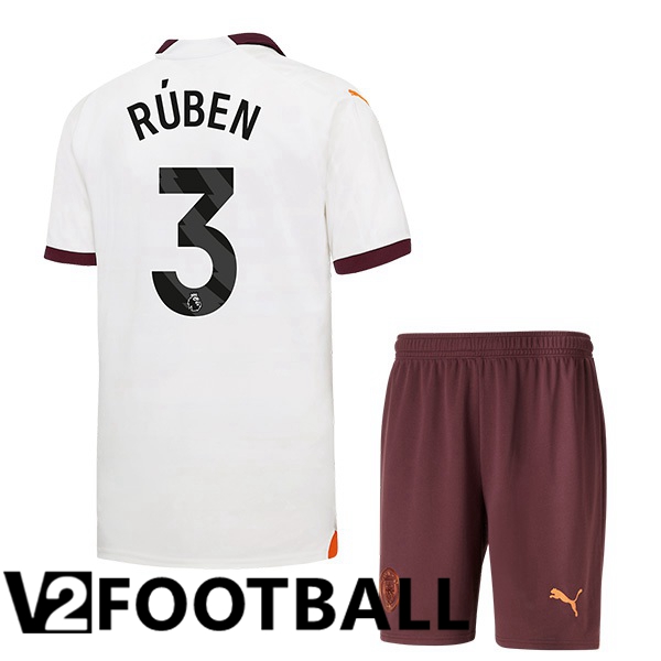 Manchester City Ruben Dias 3 Kids Away Soccer Shirt White 2023/2024