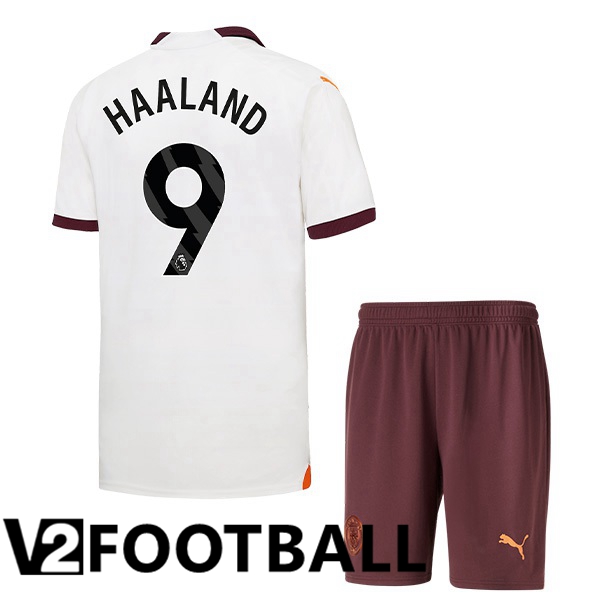 Manchester City Erling Haaland 9 Kids Away Soccer Shirt White 2023/2024