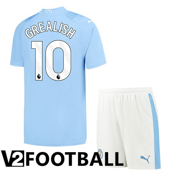 Manchester City Jack Grealish 10 Kids Home Soccer Shirt Blue 2023/2024