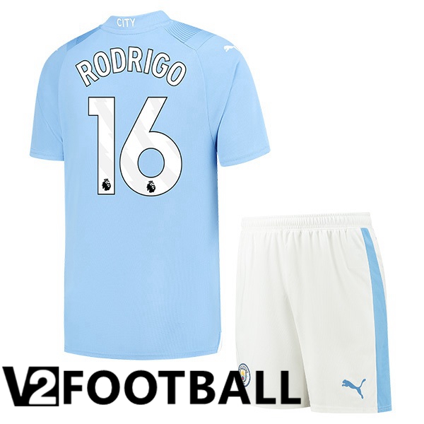 Manchester City Rodrigo 16 Kids Home Soccer Shirt Blue 2023/2024