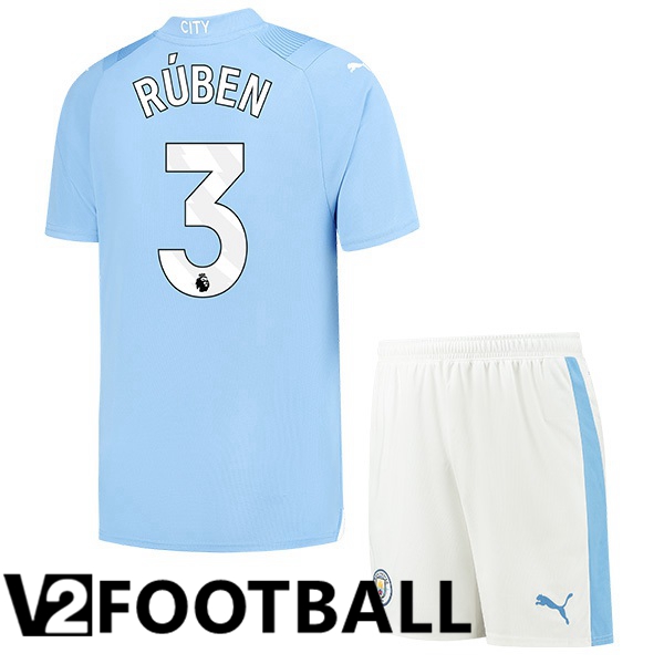 Manchester City Ruben Dias 3 Kids Home Soccer Shirt Blue 2023/2024